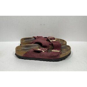 Birkenstock Arizona Soft‎ Footbed Red Suede Gold Buckle Shoes Womens Size 7 N